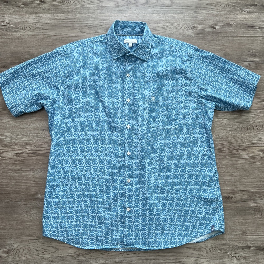 Peter Millar Crown Fin Rays Fishbone Sport Shirt Mens Large Blue Short Sleeve